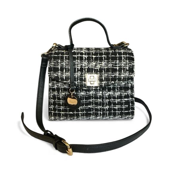 Dune London Purse Top Handle Crossbody Black White Tweed Plaid Gold Bag Charm - Picture 2 of 16